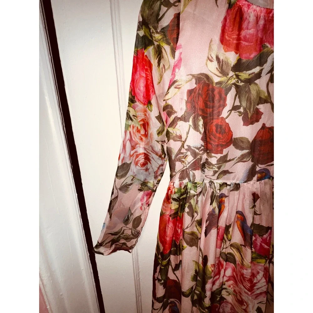 Chi Pink Floral Bird Print Maxi Dress Long Sleeve Sheer Overlay XS Cottage Fairy